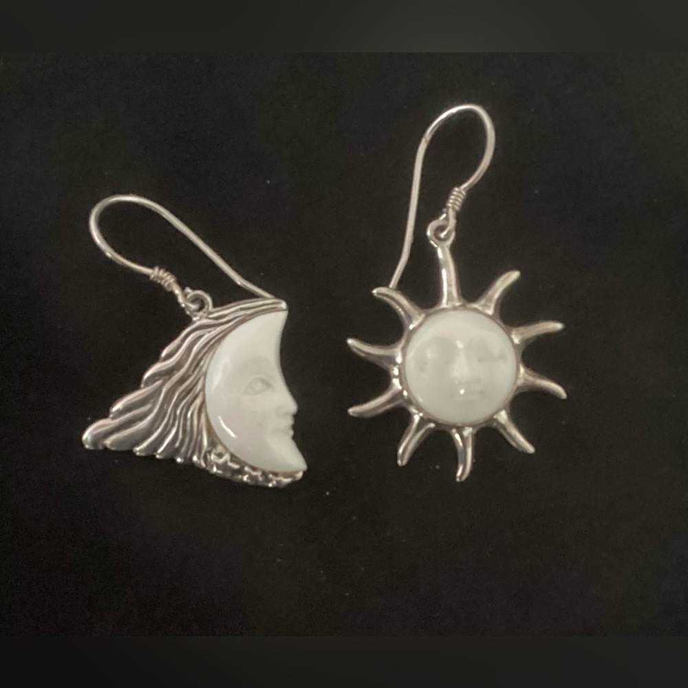 Silver Sun and Moon Face Drop Earrings with White Inlay
